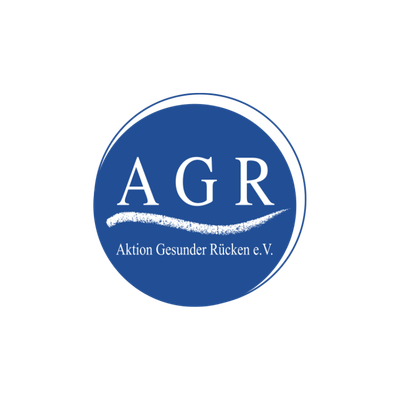 AGR (Aktion Gesunder R&uuml;cken e.V.) logo circular azul con las letras blancas &ldquo;AGR&rdquo; y el nombre de la organizaci&oacute;n &ldquo;Aktion Gesunder R&uuml;cken e.V.&rdquo; mostrado debajo de una l&iacute;nea curva.